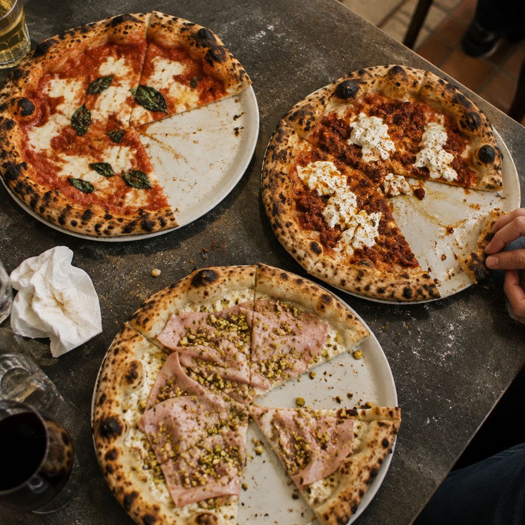 Pizze del Manah sul tavolo, alcune fette già prese
