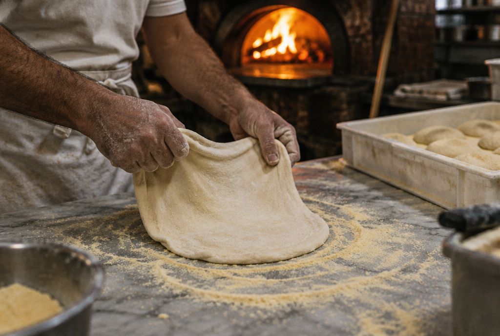 Mani infarinate che stendono l'impasto